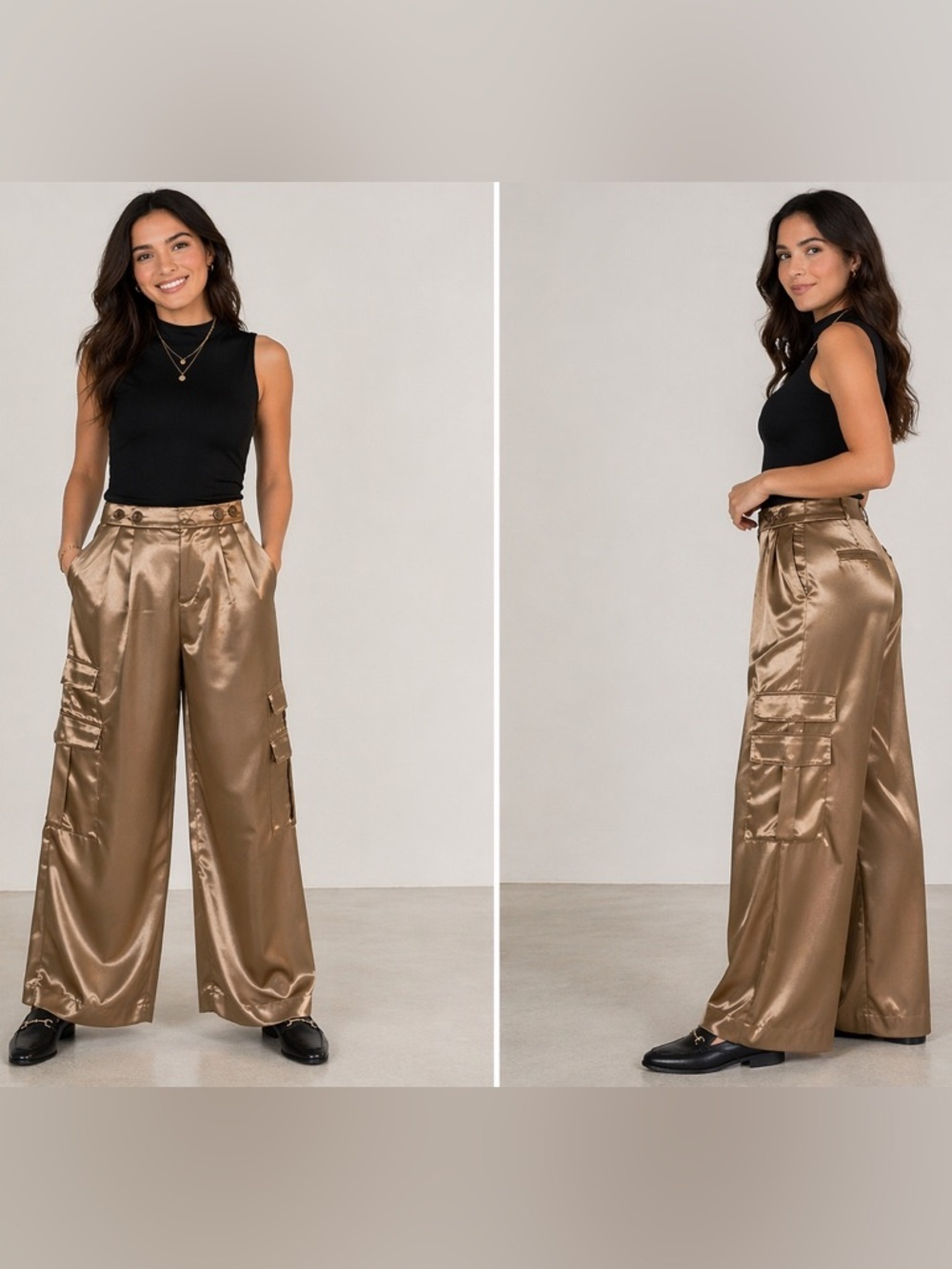 A New Day Bronze Satin Wide Leg Cargo Pants Size 8 High Rise - Picture 3 of 9